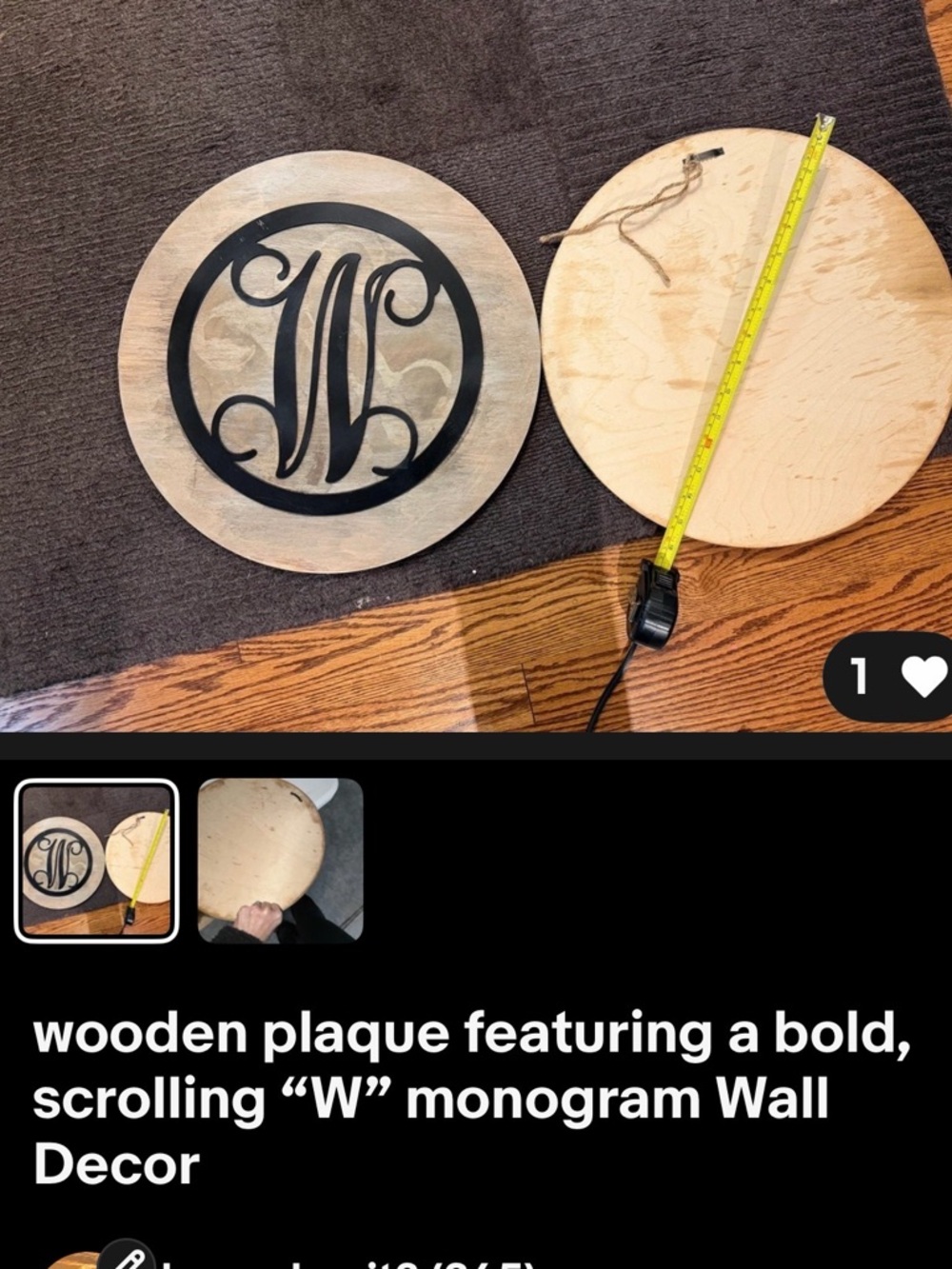 Monogram Wooden Wall Plaque with Black Scrolling 'W'
